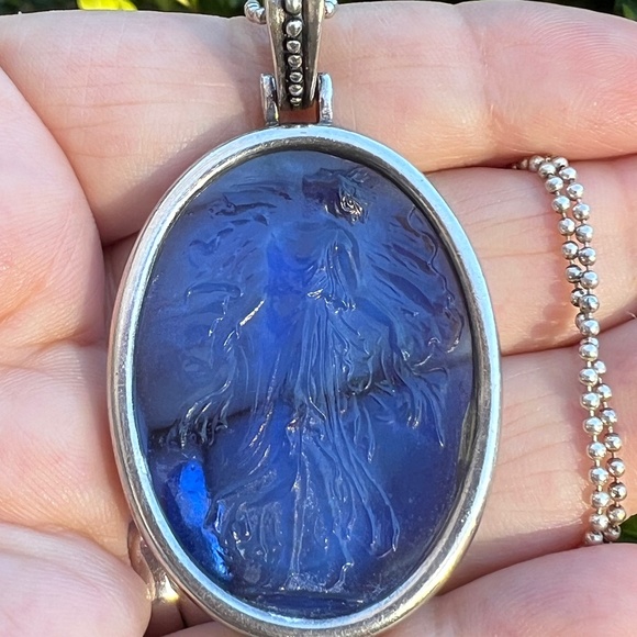 TAGLIAMONTE ITALY LARGE BLUE GLASS INTAGLIO CAMEO ENHANCER PENDANT NECKLACE 925